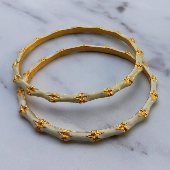 KJL Kenneth J Lane "Bamboo" Bracelets 2x White Enamel w Gold Leaf + Wash - Picture 8 of 15
